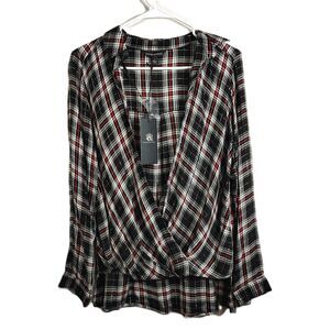 New! ROCK & REPUBLIC Plaid Wrap Blouse Womens Medium Rayon Long Sleeve Black Red